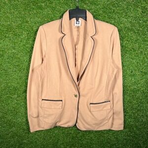 Anne Klein Tan Camel Knit Blazer Jacket Black‎ Piping Trim Gold Button Womens M